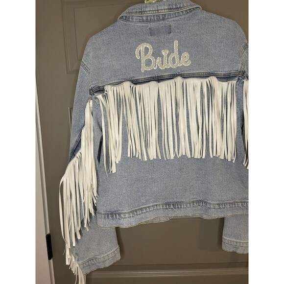 NewW tags BRIDE Denim L Jean Jacket fringe bachelorette party wedding honeymoon - Picture 9 of 14